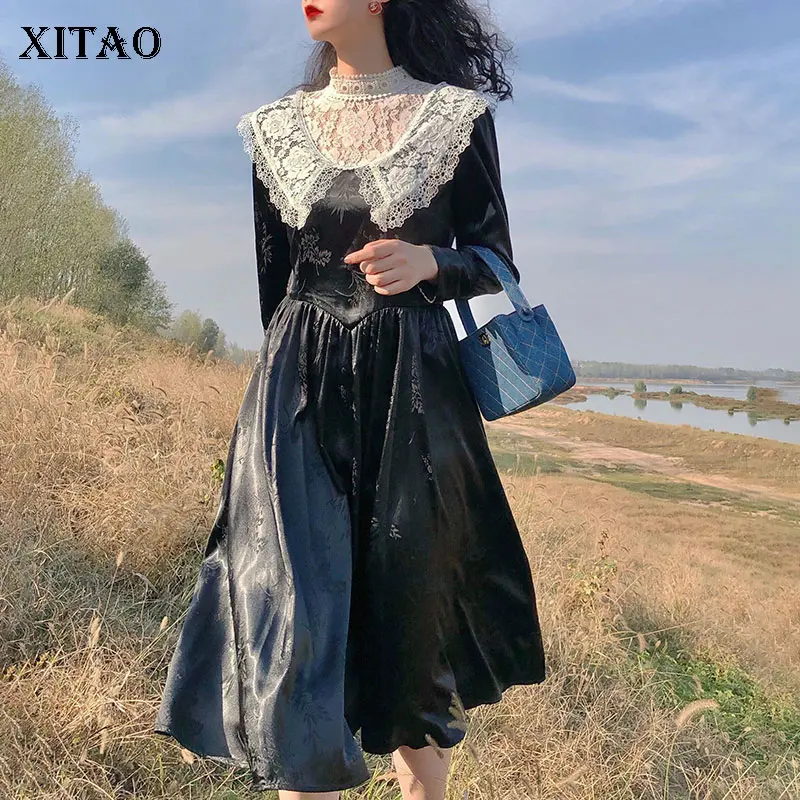 

XITAO Vintage Patchwork Lace Elegant Dress Fashion Loose Causal 2020 Spring New Stand Collar Full Sleeve Pleated Dress DMY3112