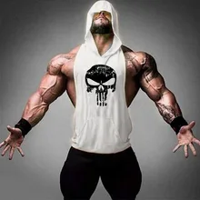 Skull Printing Bodybuilding Hooded Tank Tops men Gyms Stringer Shirt Fitness Tank Top Men Gyms Clothing Cotton Vest Shipping