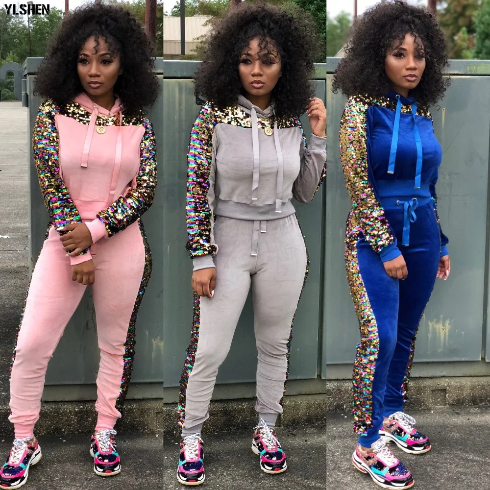 2 Two Piece Set Velvet Tracksuit Women Sexy Sequins Jogging Femme Plus Size Long Sleeve Tops +Pants Sweat Suits Matching Sets 01