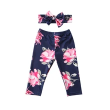 Летняя Милая хлопковая одежда для маленьких девочек из 2 предметов; брюки с высокой талией с цветочным принтом; штаны; повязка на голову с геометрическим узором и бантом; повседневная одежда