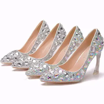 

Crystal Queen Shoes Cinderella Women Heels Evening Party Glittering high heels Custom Silver Rhinestone Wedding Pumps 9cm