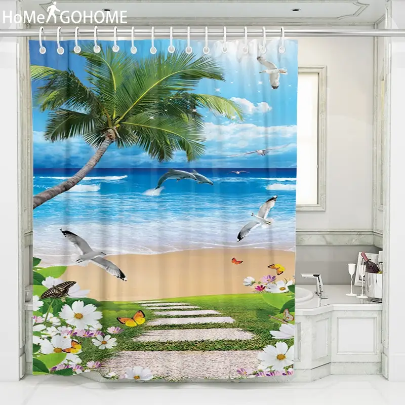 

Nordic Shower Curtain 3D Sea Palm Tree Bath Curtains Bathroom For Bathtub Bathing Cover Extra Large Wide with Hooks Top Quality