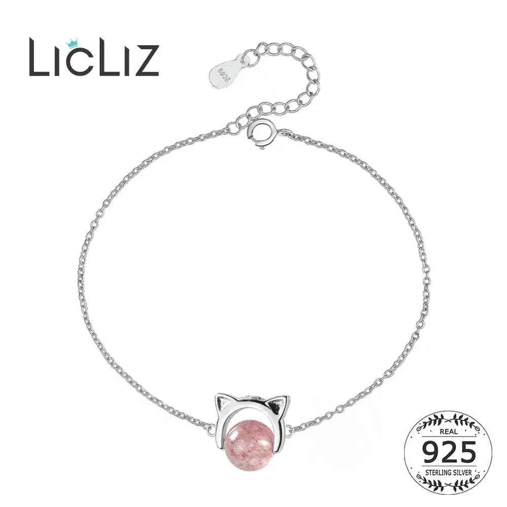 LicLiz, новинка, милые браслеты из серебра 925 пробы с кошачьими ушками для женщин, розовая клубника, кварцевые ювелирные изделия, для девушек, для свиданий, вечерние, подарки, LB0125
