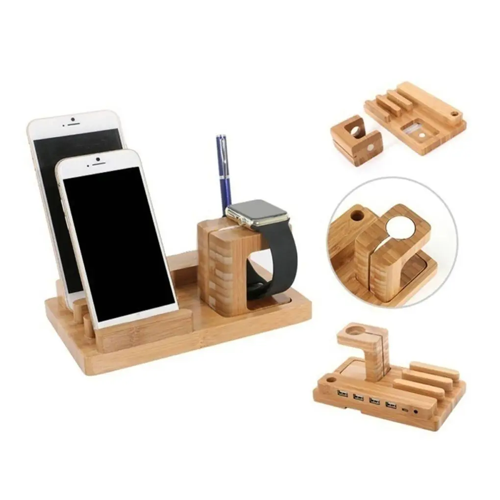 

High Quality 4 USB Ports Bamboo Charging Station Phone Holder Wood Organizer Tablets Watch Charger Stand