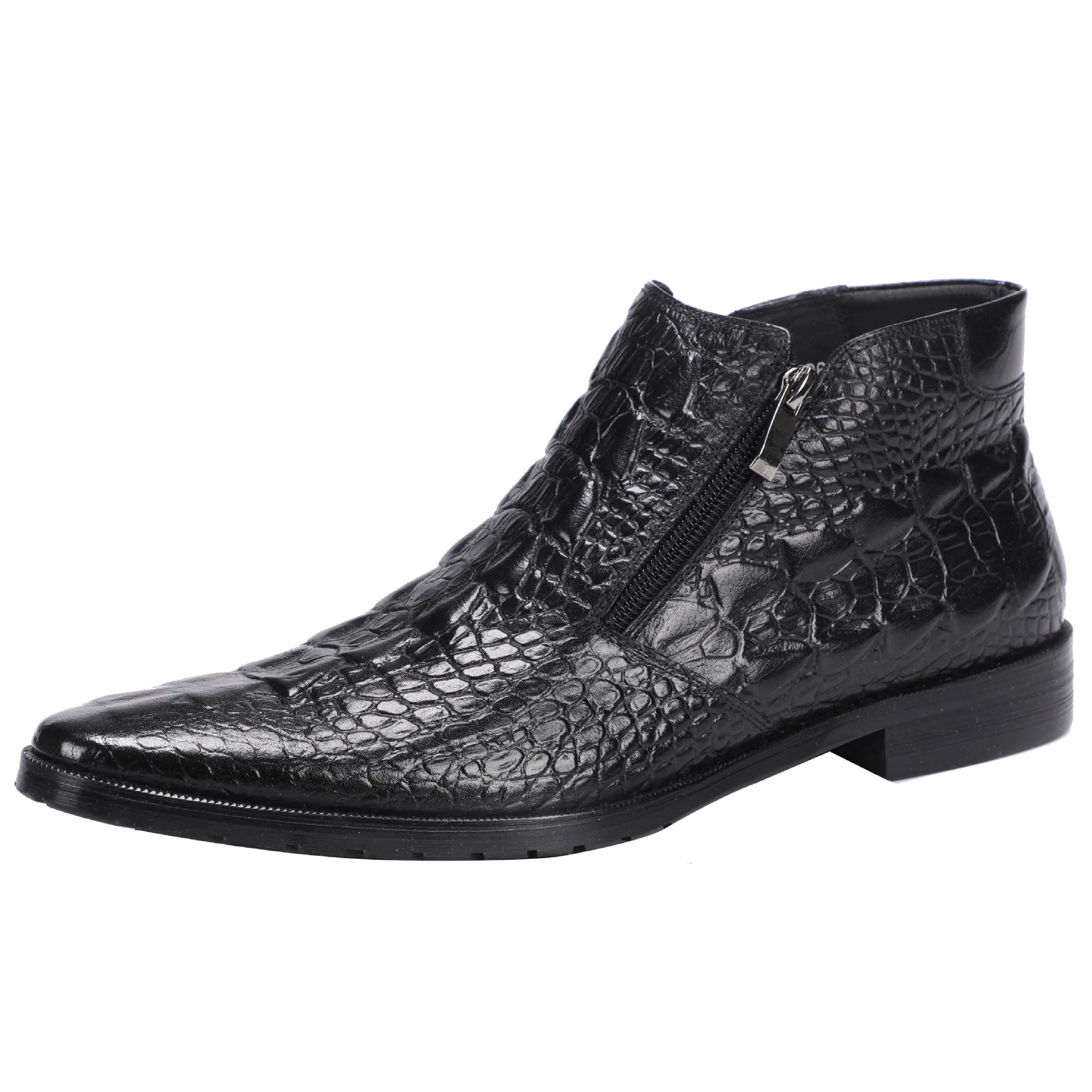 Winter New Short Boots Men'sCrocodile Grain Leather High-Top Shoes Zipper Warm Cowhide Leather Boots Round Toe Oxfords