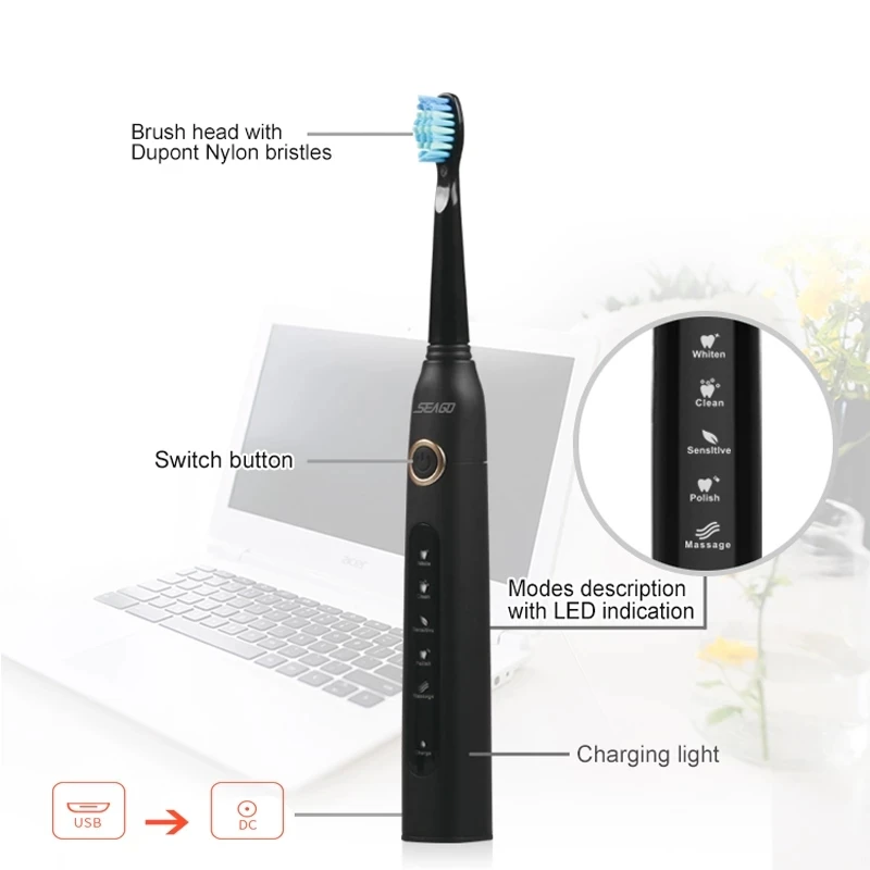 Seago Sonische Elektrische Tandenborstel SG-507 Volwassen Waterdichte IPX7 5 Modus Usb Opladen Oplaadbare Tand Borstels 2