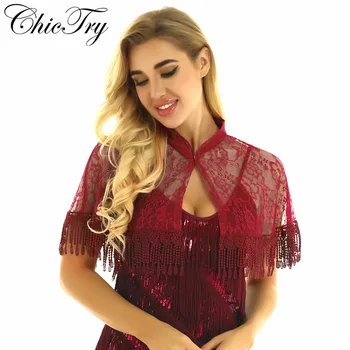 

Womens Female Ladies Elegant Stand Collar Open Front Fringe Tassel Lace Cape Bridal Floral Lace Shawl Cover Up Wrap Bolero