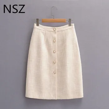 

NSZ women tweed skirt high waist button up split fall fashion office ladies skirt slim bodycon pencil skirt mujer faldas