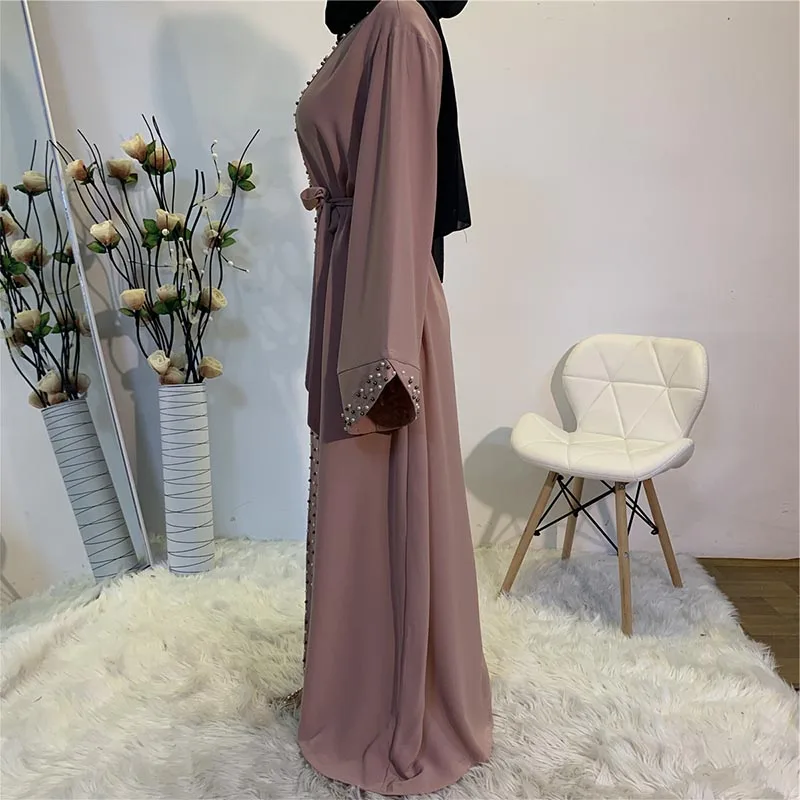 Latest Muslim Abayas for Women Islamic Fashion Pearls Kimono Robe Modest Dress Long Elegant Cardigans Clothing Front Open Abaya