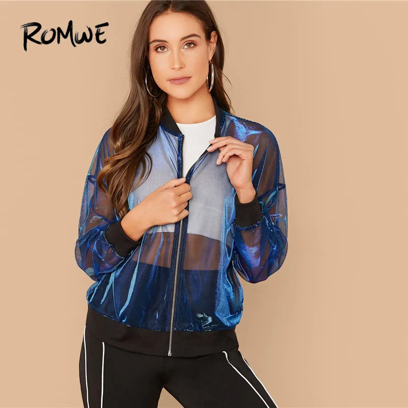 lower price  ROMWE Zip Front Sheer Mesh Bomber Jacket Women Blue Stand Collar Sexy Highstreet Fall Jacket Sheer 