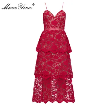

MoaaYina Spaghetti Strap Flower Lace Midi Tiered Dress
