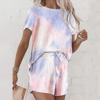 

Womens Tie Dye Printed Ruffle Short Pajamas Set Long Sleeve Tops and Shorts Set Loungewear Nightwear Sleepwear plus size