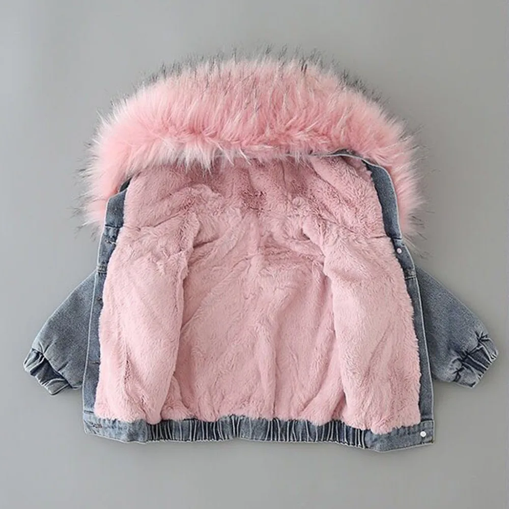 New Baby Clothes Coat Thick Denim Warm Jacket Toddler Kids Baby Girls Hooded Faux Fur Fleece Warm Thick Denim Coat Outwear