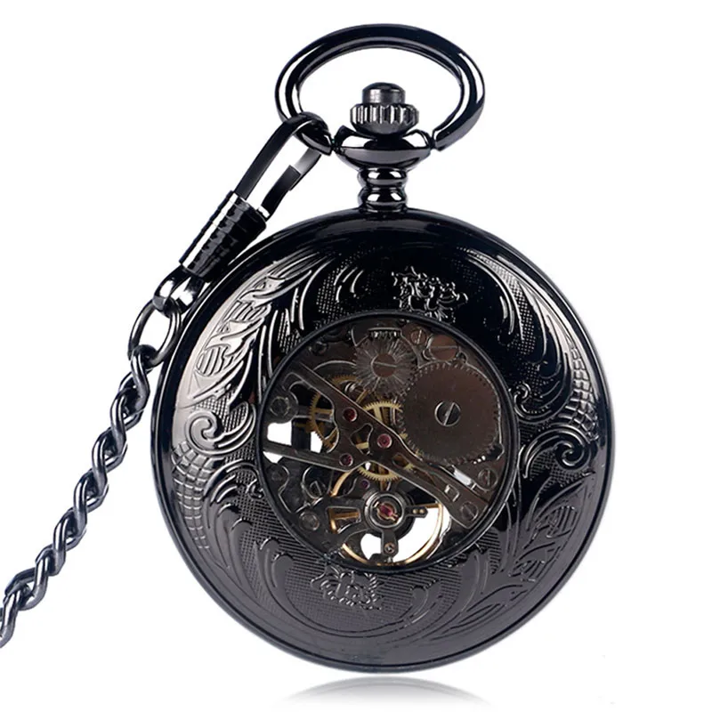 Steampunk Black Hollow Out Case Men's Handwinding Mechanical Pocket Watch Dad Design Pendant Chain Clock Gift To Father