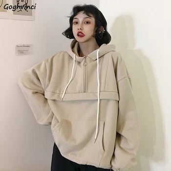 

Hoodies Women Zipper Pockets High Quality Ladies Hooded Korean Style Streetwear Clothes Womens Plus Velvet Warm Pullover Simple