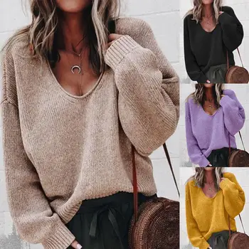 

Sexy Autumn Women Casual Solid Color V-Neck Long Sleeve Blouse Pullover Sweater Top Cotton Women's Pullover Size S-2XL
