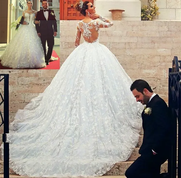 Aangepaste Prinses Lange Mouwen Kapel Train Illusion Back Lace Bal bruidsjurk Vestido de noiva moeder van de bruid jurken Aangepaste Prinses Lange Mouwen Kapel Train Illusion Back Lace Bal bruidsjurk Vestido de noiva moeder van de bruid jurken