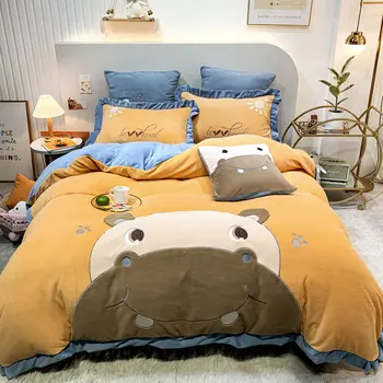 

Thickened Warm Milk Fleece Cartoon Bedding Set for Kids Cute Animal Embroidery Duvet Cover Cow Cat Rabbit Beddubg Set for Child