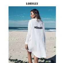 Пляжное платье-рубашка с принтом русалки спереди, с коротким сзади, белое хлопковое платье-туника, женская летняя пляжная одежда, купальный костюм, накидка N324