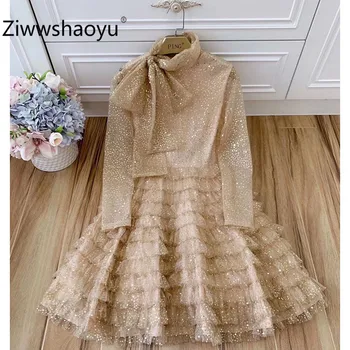 

Ziwwshaoyu luxury Golden Sequins Embroidery Spring Summer Party Tiered Mini Dresses Women's High Quality Clothing 2020