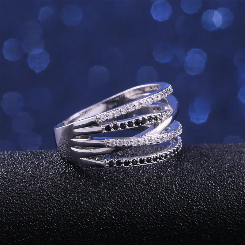 Очаровательное женское кольцо с цирконием и крестом, модные обещанные обручальные кольца для женщин, простой серебристый цвет, кольцо с белым черным камнем