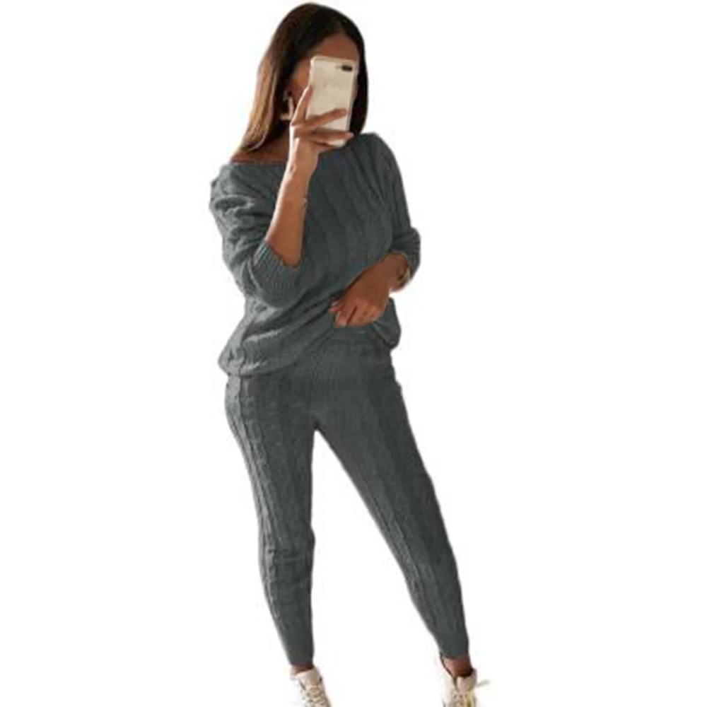 CALOFE осенний хлопковый спортивный костюм женский комплект из 2 предметов свитер Топ+ штаны вязаный костюм с круглым вырезом вязаный комплект Женская верхняя одежда комплект из 2 предметов - Цвет: Color 1