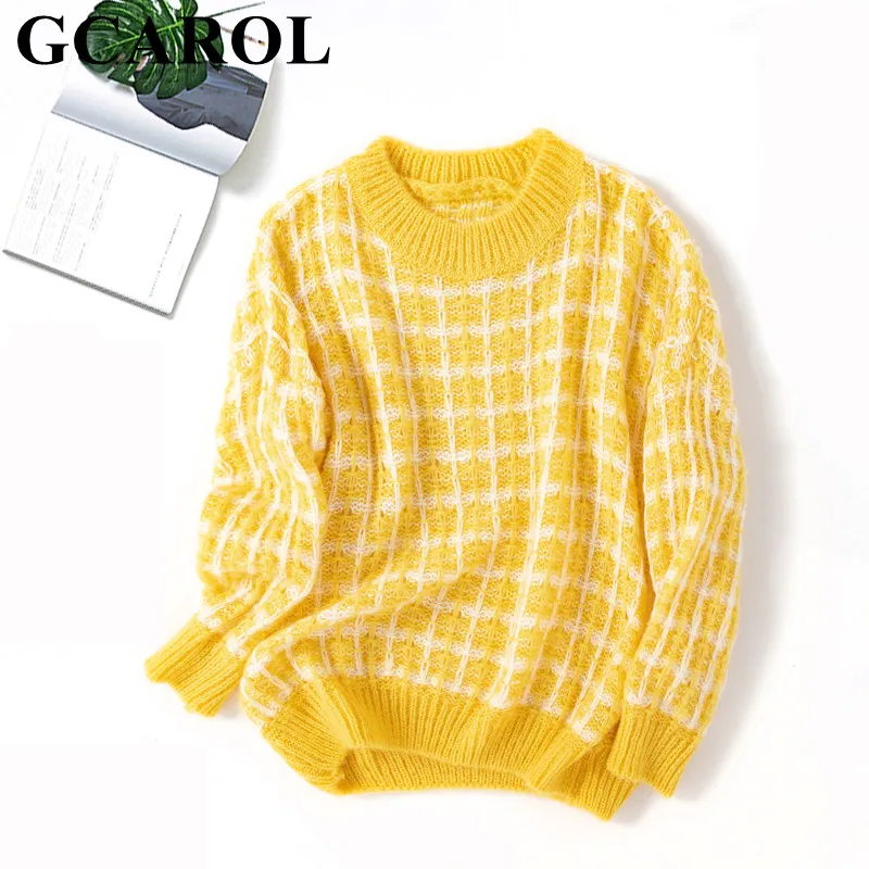 

GCAROL New Women Mohair Plaid Sweater Drop Shoulder Oversize Crochet Coarse Jumper Fall Winter Thick Warm Knit Pullover