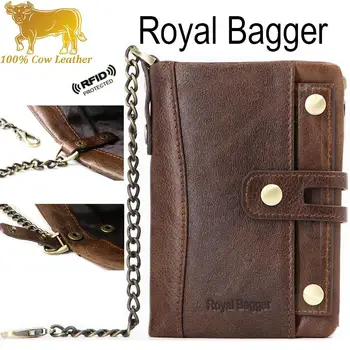 

Royal Bagger Short Wallet for Men RFID Blocking Genuine Cow Leather Purse Cool Man Anti-Theft with Removable Chain
