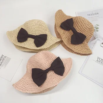 

New Style Papyrus Solid Color Foldable Children Butterfly Straw Hat Spring and Summer Large Brimmed Beach Baby Sun Hat