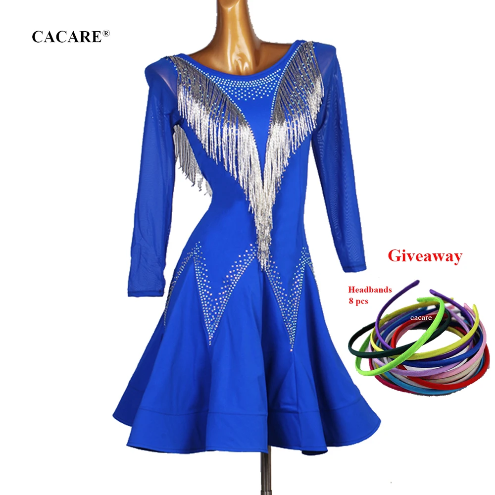 

Latin Dance Dress Fringe Women Girls Dress Salsa Latin Dance Competition Dancing Dresses D0696 CACARE Ruffled Hem Mesh Sleeve