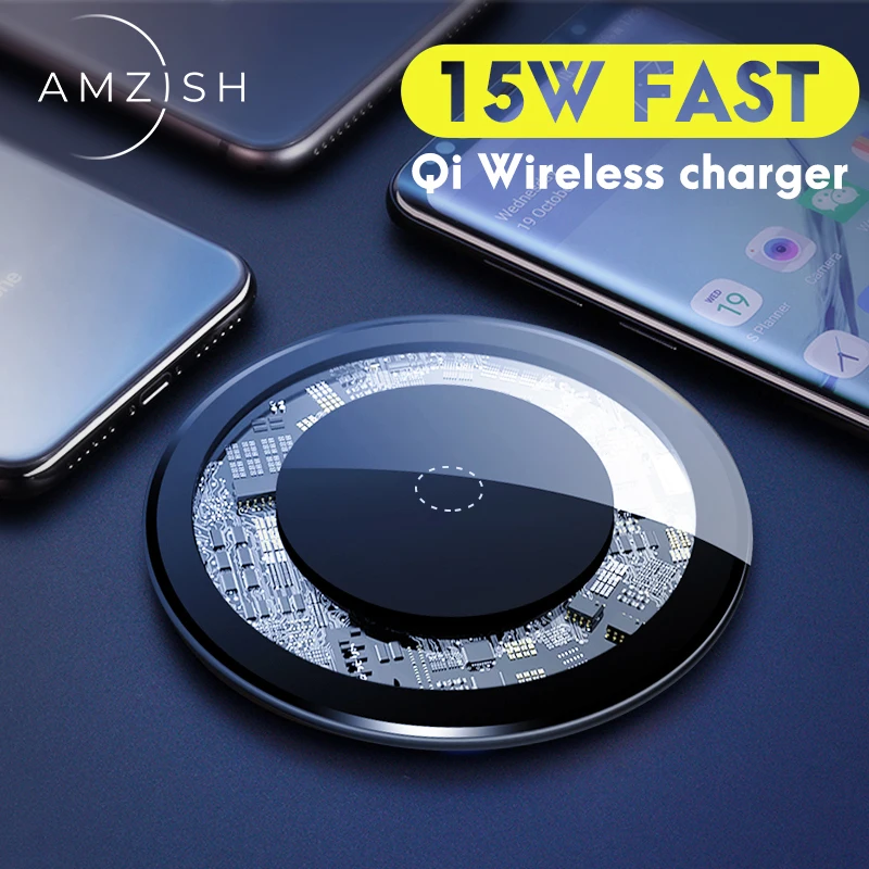 

amzish 15W Fast QI Wireless Charger For iPhone 8 Plus X XR XS Max 11 Visible Wireless Charging Pad For Samsung S9 S10 Note 9 8