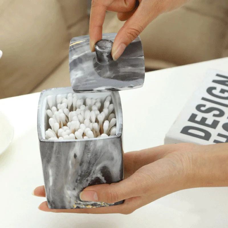 JINSERTA Marbled Storage Box Cotton Swab Organizer Resin Toothpick Holder Luxury Bathroom Cotton Pad Box with Lid for Decor