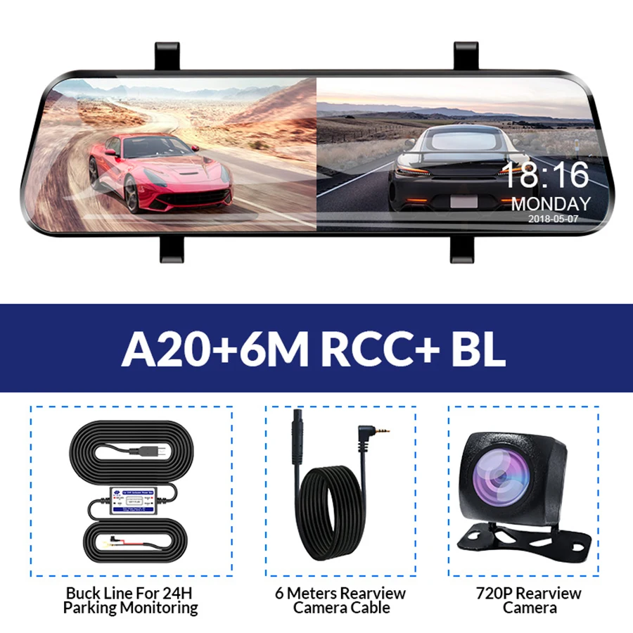 E-ACE Car Dvr 10 Inch Touch Screen Video Recorder Auto Registrar Stream Mirror With RearView Camera  night vision dash cam
