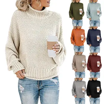 

Winter Women Sweater Solid Color Turtleneck Sweaters Batwing Sleeve Loose Knit Sweater jersey mujer Pullover pull femme clothing