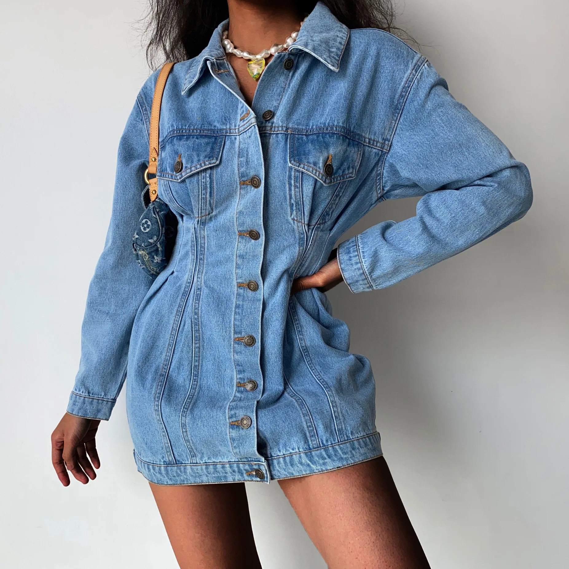 

Korean Stylish Women Denim Dress Autumn Spring Lapel Single-Breasted Long Sleeve Slim Waist Jeans Mini Dress Vintage Vestidos
