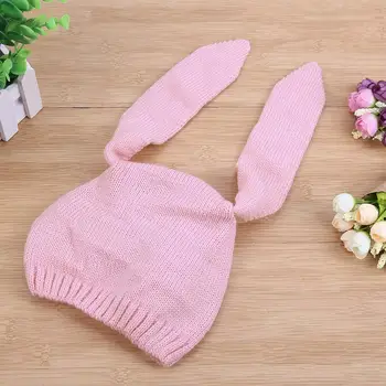 

Infant Long Rabbit Ears Knitted Hat Baby Autumn Elastic Unisex Pink Cap