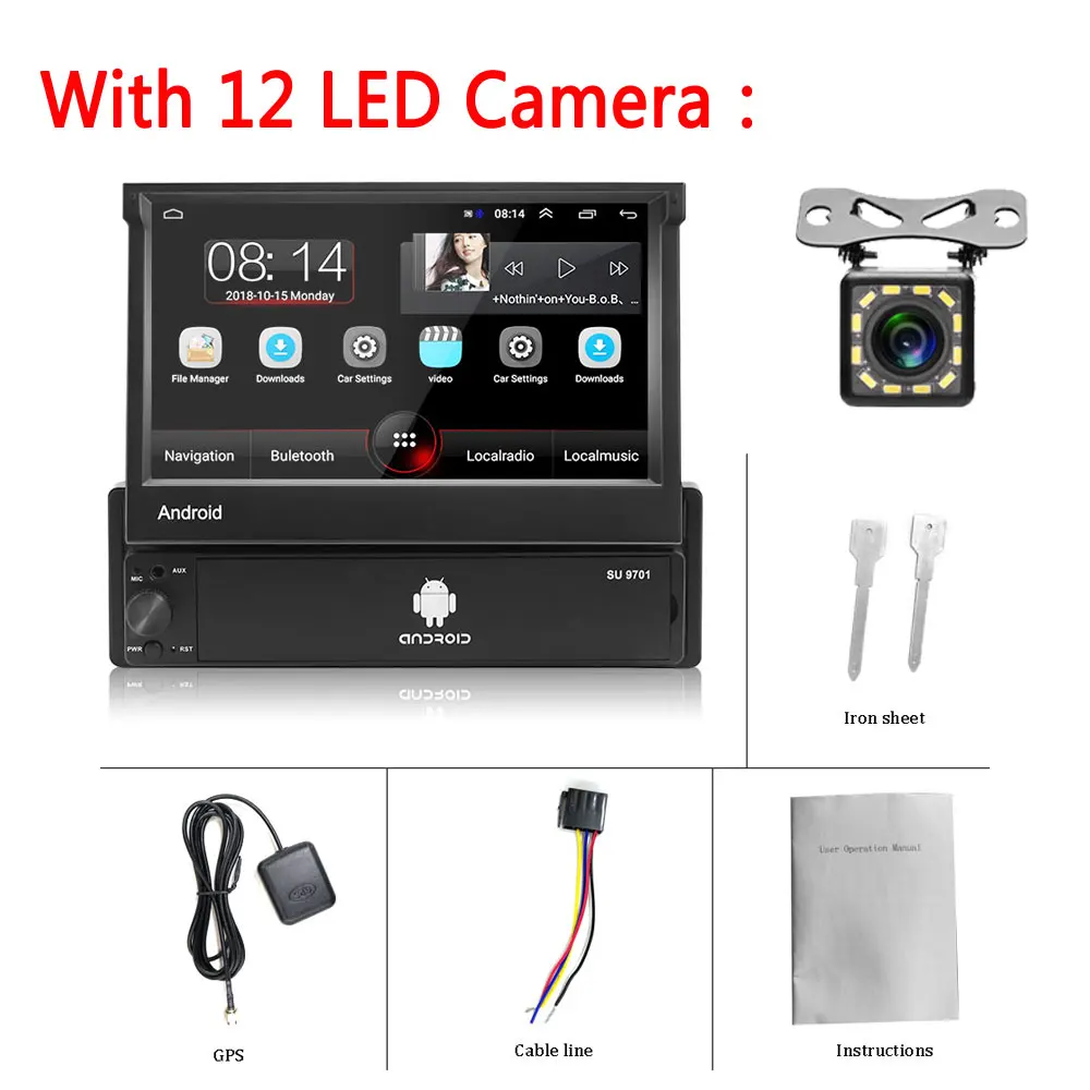 With 12led Camera LeeKooLuu 1 Din Android Автомагнитола 7 дюймов выдвижной сенсорный экран 1Din Автомагнитола gps wifi Mirror link автомобильный мультимедийный плеер - Цвет: With 12led Camera