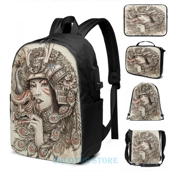 

Funny Graphic print Peacock Samurai USB Charge Backpack men School bags Women bag Travel laptop bag