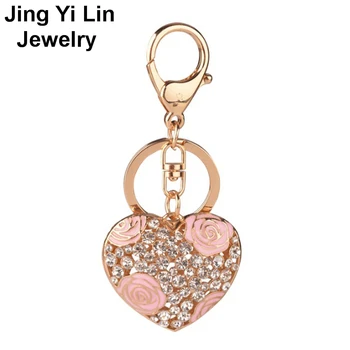 

Female models Rose Flower In Heart design Gold Color Hollow Heart Charm Enamel Crystal Jewelry Keychains Keyring For Women Gift