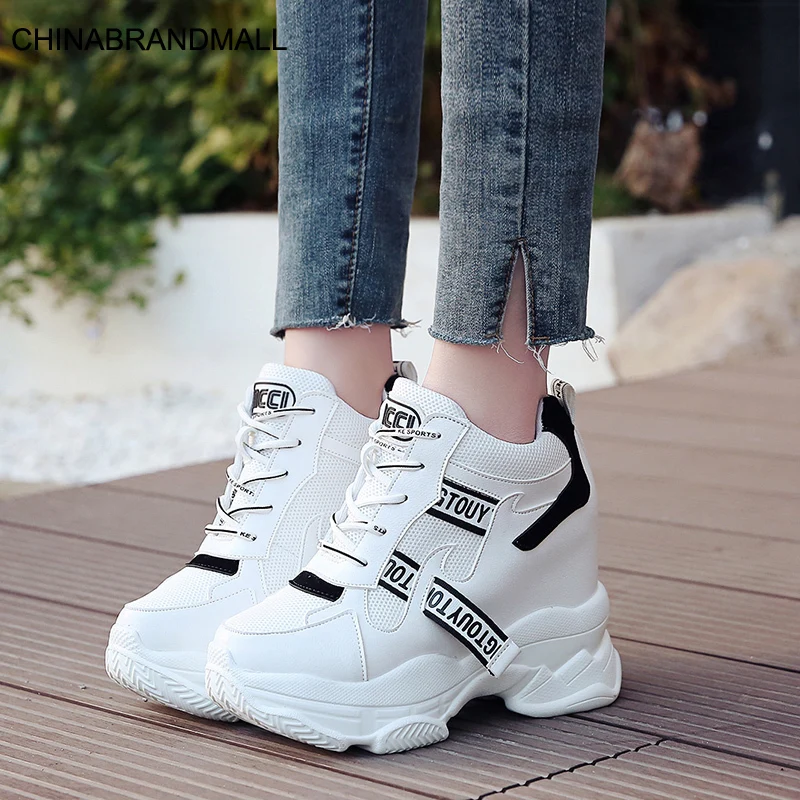 

2020 Women Sneakers Mesh Casual Platform Trainers White Shoes 11CM Heels Spring Wedges Breathable Woman Height Increasing Shoes