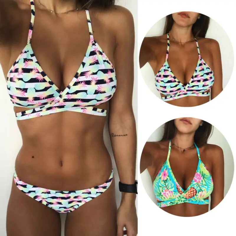 

Women Swimsuit Push-Up Bikini Print Triangle Bandage Floral Bikini Set Lace Up Swimming Costume Swimwear Casual Sexy Summer