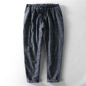 

Men Spring Autumn Cotton Linen Jacquard Fabric Ankle Length Harem Pant Male Solid Color Minimalism Style Male Casual Trousers