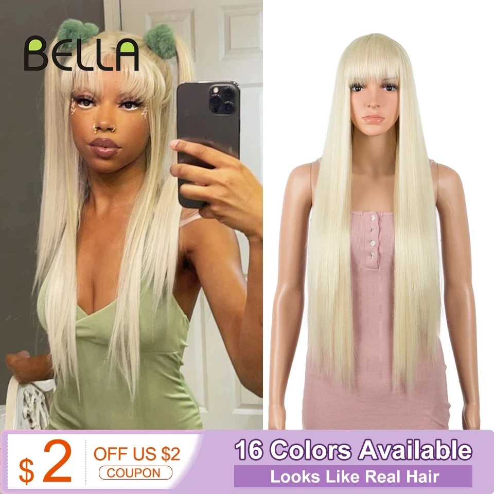 Bella Synthetic Wig Straight Hair Wig With Bangs Blonde 613 Pink Purple 14 Colors Heat Resistant Wigs For Women Cosplay Lolita