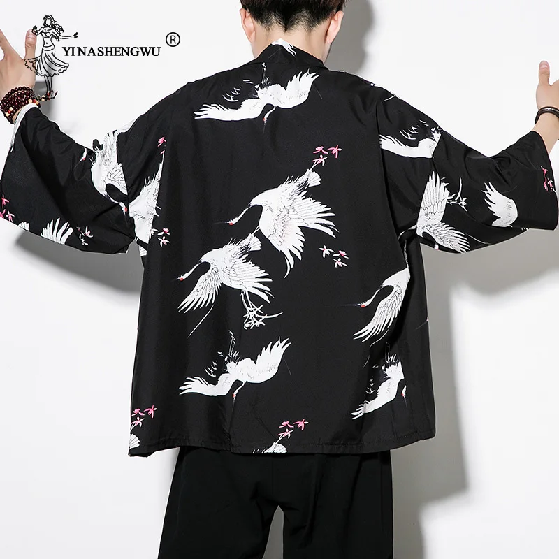 Yukata Кимоно Кардиган для мужчин кимоно Femme Harajuku японское кимоно летнее пальто с принтом черного цвета кимоно костюм для косплея рубашка