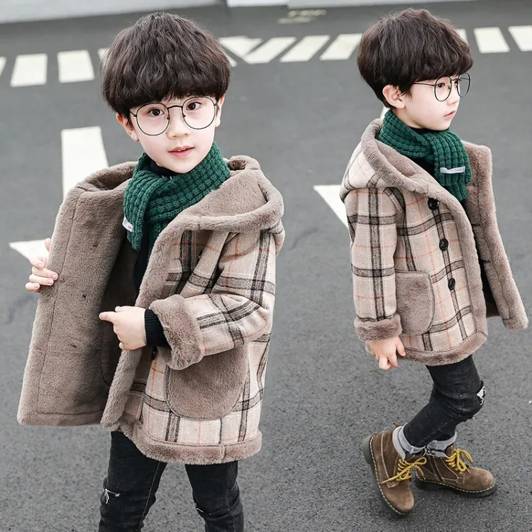 Korean Boy Winter Coat England Grid Hooded Children's Outerwear Kids Wool Coats 10 Years Old Jacket For Boy Thick Kids Cardigan