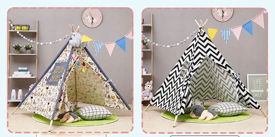 Kids Tent Play Tent Portable Folding Indoor Children's Wigwam Canvas Original Triangle Tipi Game House With Mat Outgoing Toys