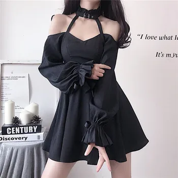 

Slim Halter Dress Gothic Dark Ruffled Off-Shoulder Bow Small Black Sexy Dresses Party Night Club Dress 2020 Vestidos Verano