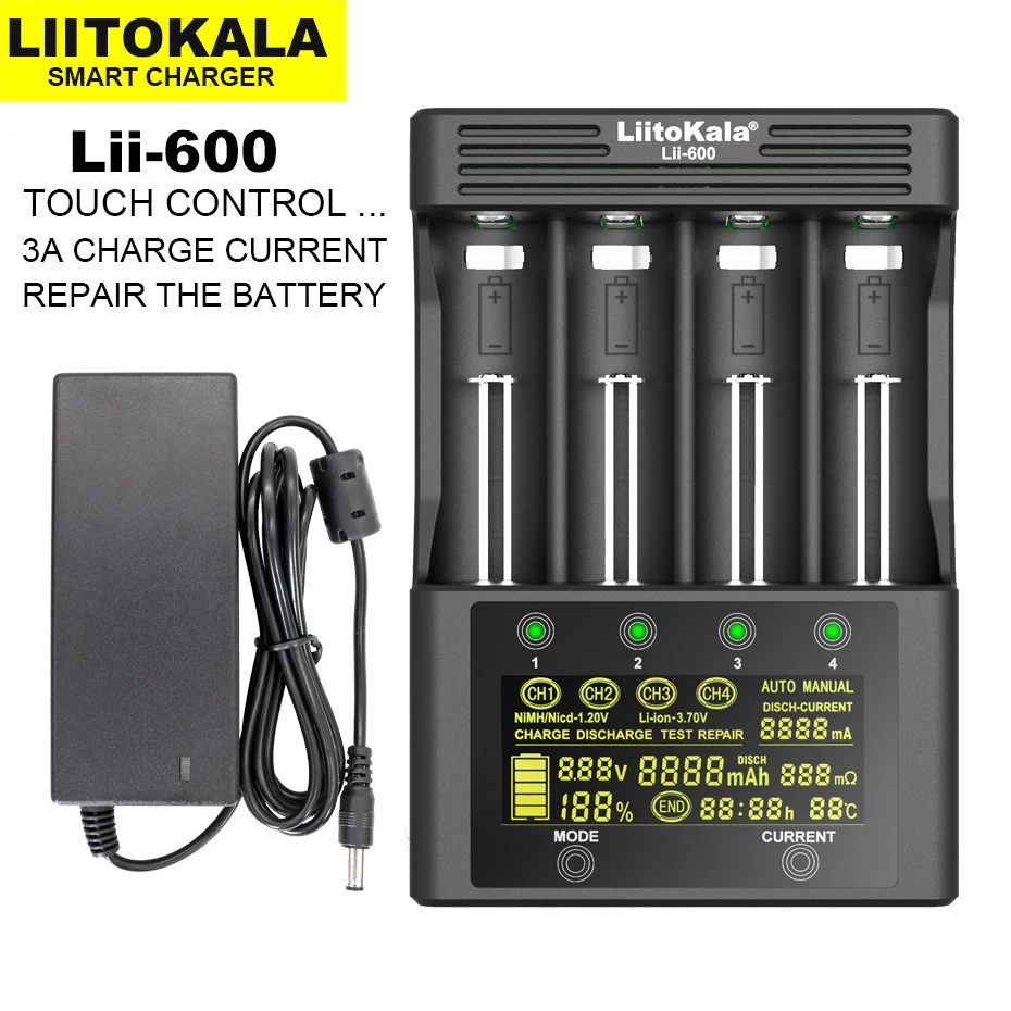 LiitoKala Lii-600 LCD Display Charger For Li-ion 3.7V and NiMH 1.2V battery Suitable for 18650 26650 21700 26700 AA AAAetc.