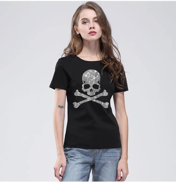 Модная футболка женская Blusa Мягкий хлопок футболки сверкающие алмазы с принтом «череп» Футболка harajuku короткий рукав женская одежда