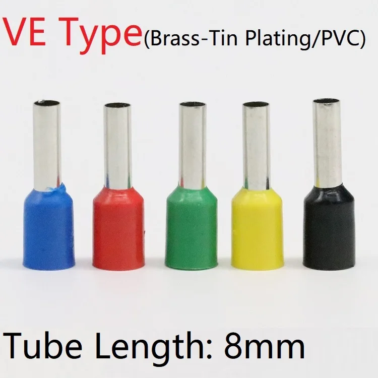 

5pcs VE Type Tube Wire Terminal Electrical Cable End Connector Brass Pipe 8mm PVC Insulated Ferrules Red Yellow Blue Green Black
